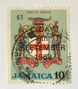 Jamaica  1969  Scott 290 used -  $1,  on 10sh, C-day, intro to decimal currency