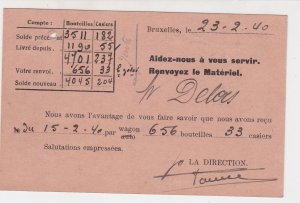 Leopold Brewery Brussels Invoice 1940 Postal Card Ref 31090