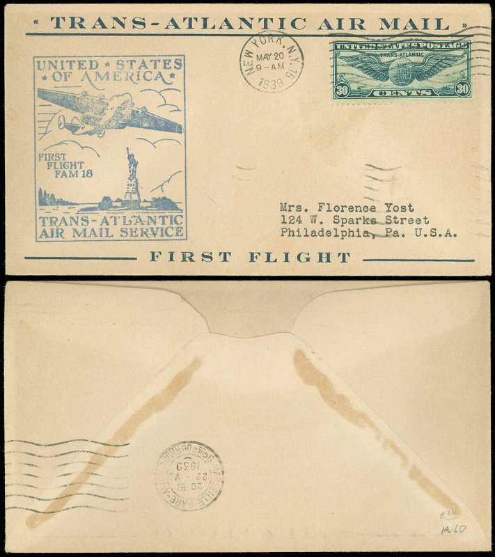 5/20/39 FAM 18 First Flight, Trans-Atlantic Air Mail Service Cachet, Scott #C24!