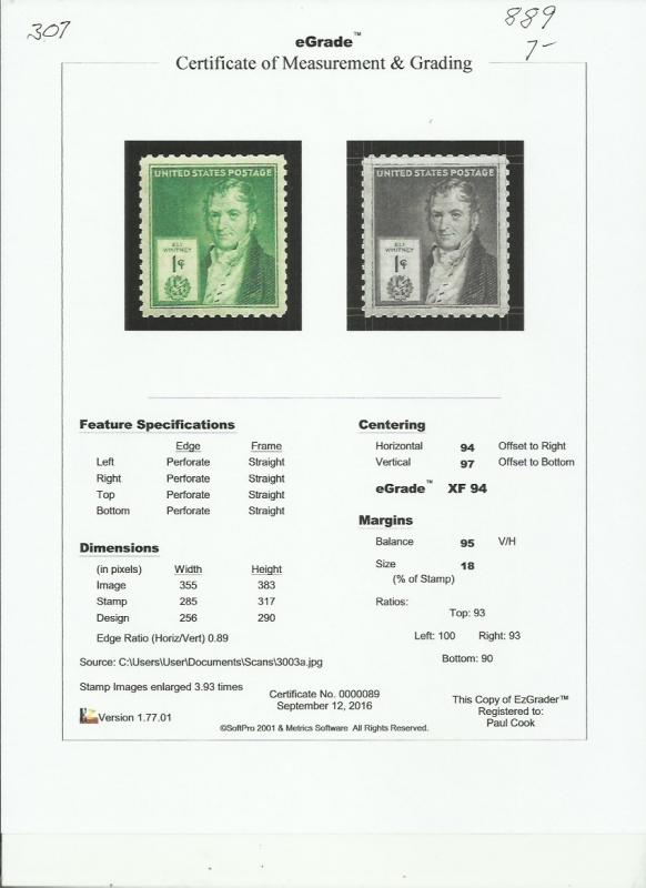 # 889 MINT NEVER HINGED ELI WHITNEY INVENTOR XF+