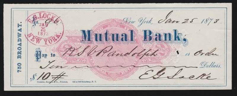 US RN-C5 1873 Mutual Bank New York Revenue Stamped Paper