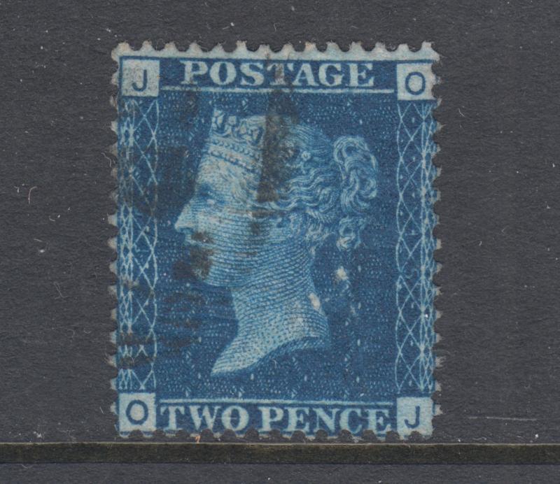 Great Britain Sc 30 used. 1869 2p blue Queen Victoria, Plate 15, letters O-J