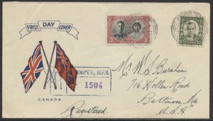 1939 #248 3c Royal Visit FDC GP Patriotic Flags Cachet Registered Winnipeg