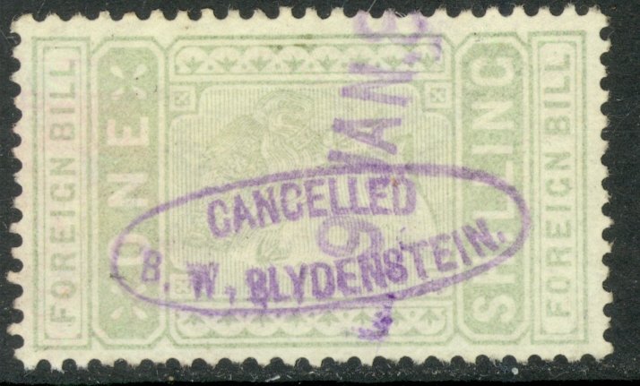 GREAT BRITAIN 1881 1sh Foreign Bill Revenue CANCELLED B.W. BLYDENSTEIN in Oval