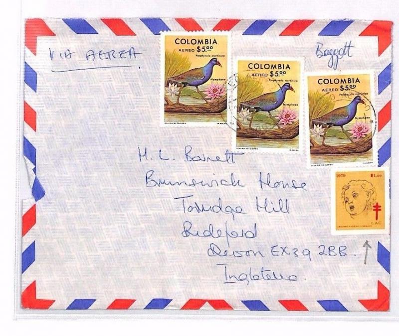 XX18 1970s COLOMBIA Airmail Cover GB Devon {2}