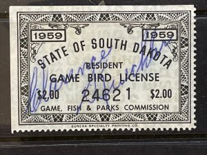 1959 State of South Dakota Resident Game Bird License Used Hunting Stamp $2.00