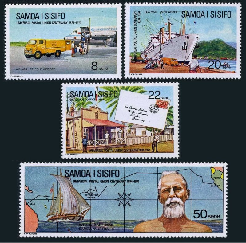 Samoa 403-406, MNH. Mi 302-305. UPU-100, 1974. Airport, raft, Early Post, ship.