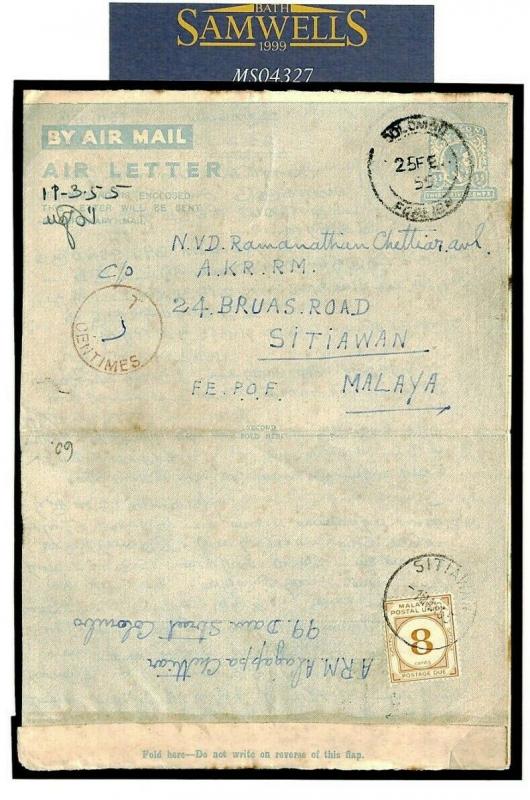 CEYLON Cover MALAYA 8c POSTAGE DUE Sitiawan TAXE 7c KGVI Air Letter 1955 MS4327