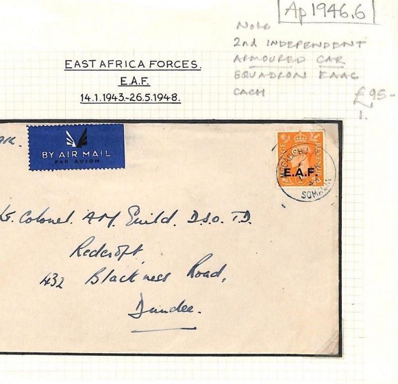 AG221 1946 East Africa Forces Somalia GB Airmail Armoured Car Squadron Cover PTS