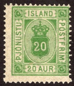 ICELAND 1876, SC-O8, F MNH** P-14x13.5 20aur Official scv $110.00  *Bay Stamps*
