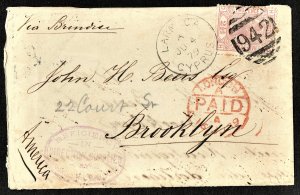 [mag188] GB 1878 Cover from Larnaca CYPRUS to Brooklyn USA (used abroad SG Z18)