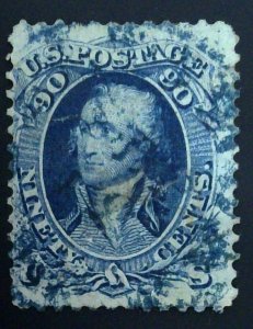 Scott #72 - VF - 90c Blue - Used with Blue canel - Repaired Tear - 1861