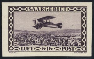 Saar #C2var (Mi. 127U) Cat€350, 1928 1fr violet, imperf. single, hinged, si...