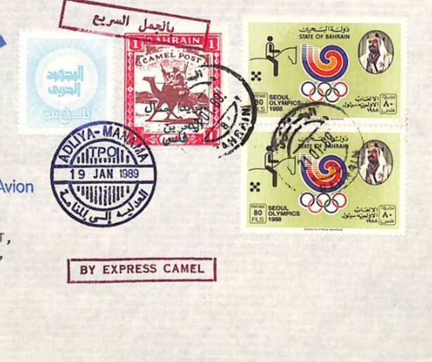 Gulf States BAHRAIN Cover *EXPRESS CAMEL* ADLIYA TPO 1989 AMNESTY Label YC365