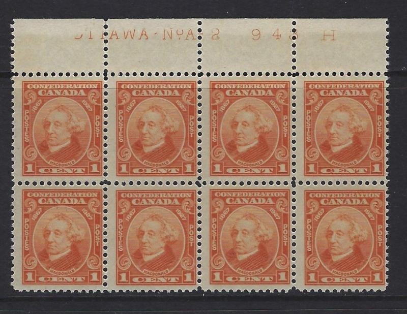 CANADA - #141 - 1c SIR JOHN A. MACDONALD PLATE A-2 BLOCK OF 8 (1927) MNH 