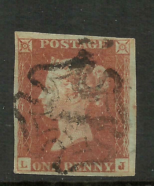 1841 1d Red (LJ) Plate 21, J Flaw, Spec BS10F, 4 margin, F/U Cat £75 {AV7-350}