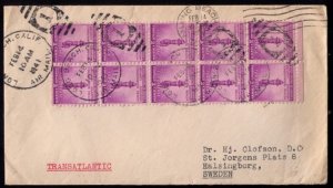 US Scott #901Margin.Block Of 10 Postal History Cover Feb 14,1941 USA To Sweden