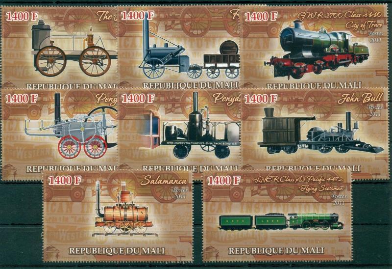 Steam Locomotives Trains Railroads Mali 8 MNH stamps set