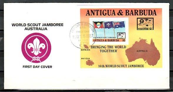 Antigua, Scott cat. 1057. Scout Jamboree s/sheet on a First day cover.