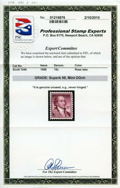US SCOTT #1046, Mint-Sup-OG-NH Graded 98 PSE Certificate SMQ $125 (DFP 1/14/20)