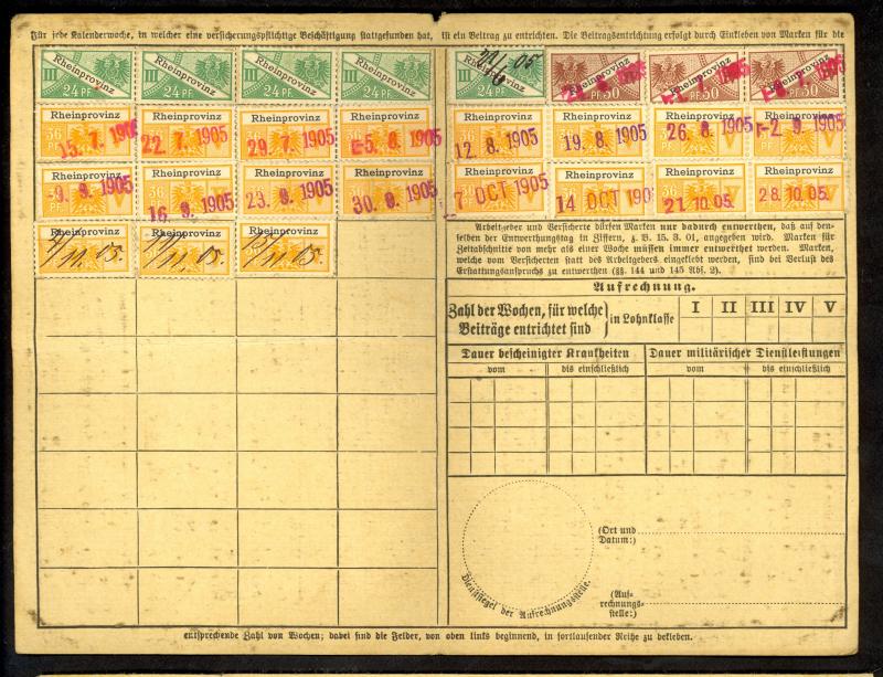 GERMANY 1905 RHEIN PROVINCE REVENUE STAMPS x27 in INSURANCE FOLDER AACHEN