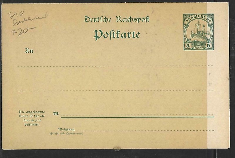 GERMAN KAMERUN  (P0909B)  P10REPLY    PSC  UNUSED