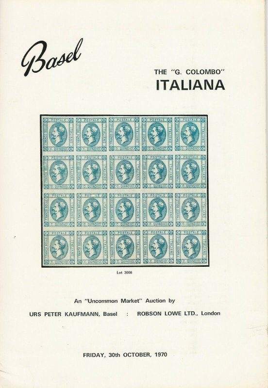 G. Colombo ITALIANA, Uncommon Market, Basel, Stamp Auction Catalog, Oct 30,1970