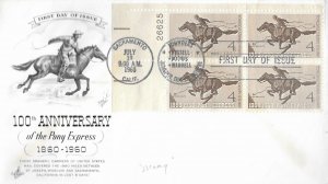 1960 FDC, #1154, 4c Pony Express, Art Craft, plate block of 4
