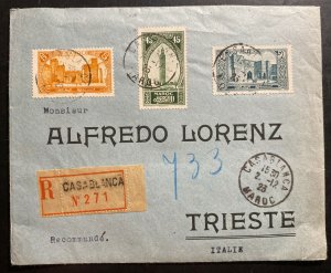 1923 Casablanca French Morocco Registered Cover To Trieste Italy Sc#93