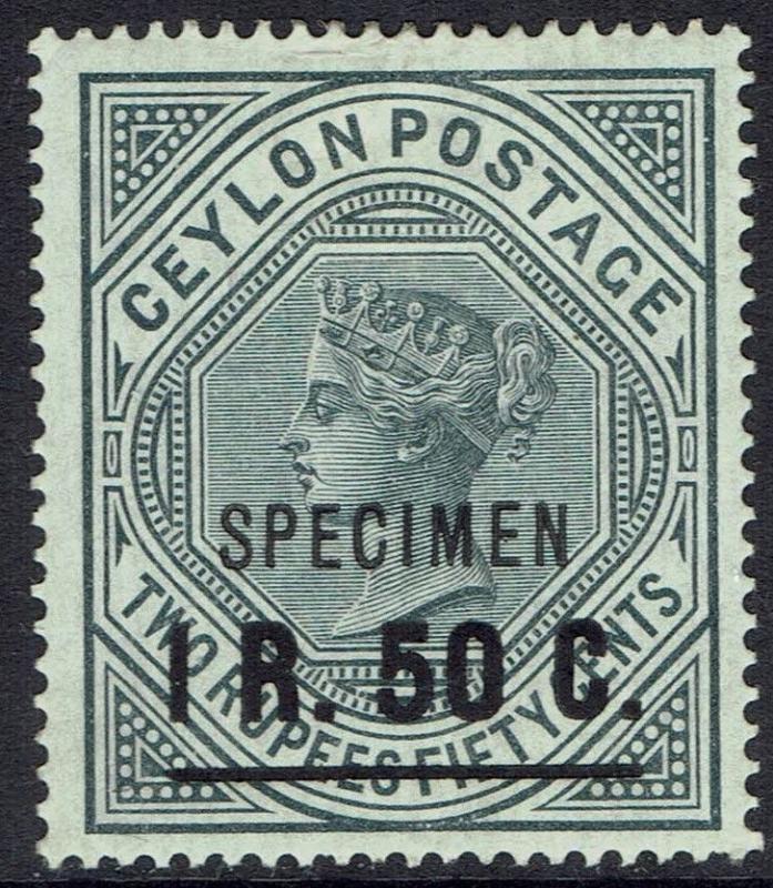 CEYLON 1898 QV 1R50 ON 2R50 SPECIMEN 