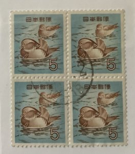 Japan 1955 Scott 611  block of 4 used - 5y,  Mandarin ducks