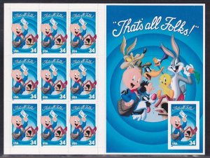 US 3535 Mint NH Pane of 10 34¢ IMPERF Porky Pig at Mailbox Stamps Scv $50.00