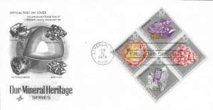 1974 FDC, #1541a, 10c Our Mineral Heritage, Art Craft, block of 4