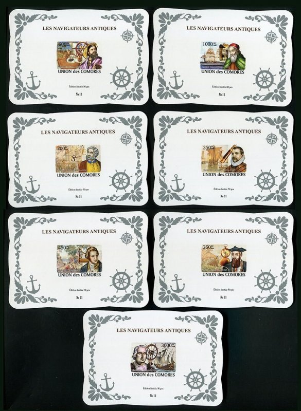 Ly526 2008 Comoros Explorers Sailing Ships Columbus Silver ! Cardboard 7Bl Mnh