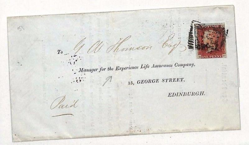 NN203 GB SCOTLAND 1845 Glasgow Edinburgh*Experience Life* Insurance 1d Red Cover