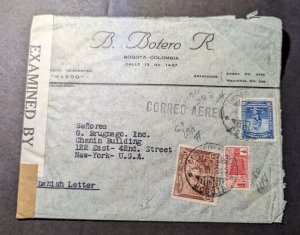 1941 Censored Colombia Cover Bogota to New York NY USA