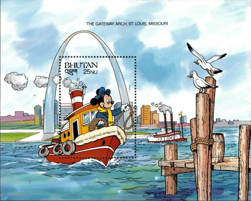 Bhutan 1991 - Disney, World Wonders, Mickey, Gateway Arch, St. Louis - S/S - MNH