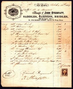 1864, US 2c, Revenue, Used on a Old (1869) Invoice, tears, Sc R15c
