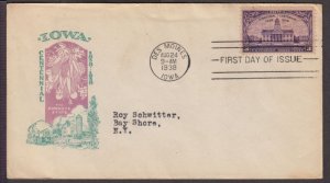 1938 IOWA centennial 100 years Sc 838-23c Ioor cachet