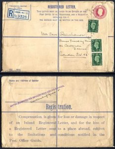 RP47 KGVI 4 1/2d Registered Envelope Size H Registration on Back Uprated RARE