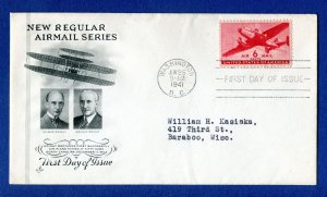 US 1941 Airmail FDC. 6c carmine. Washington DC.  Sc#C25.