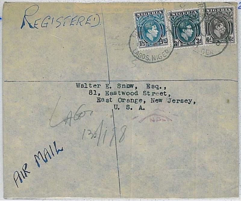 35083 - POSTAL HISTORY -  NIGERIA : registered airmail cover  LAGOS to  USA 1950