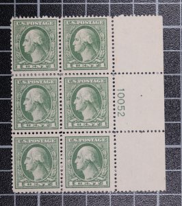 Scott 536 - 1 Cent Washington - Plate Block MNH Right # 10052 SCV $400.00