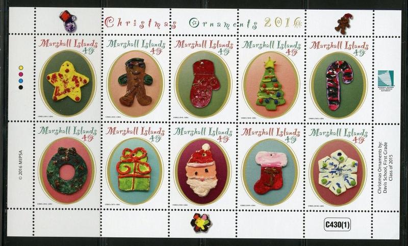 MARSHALL ISLANDS 2016 CHRISTMAS ORNAMENTS SHEET OF TEN  MINT NH