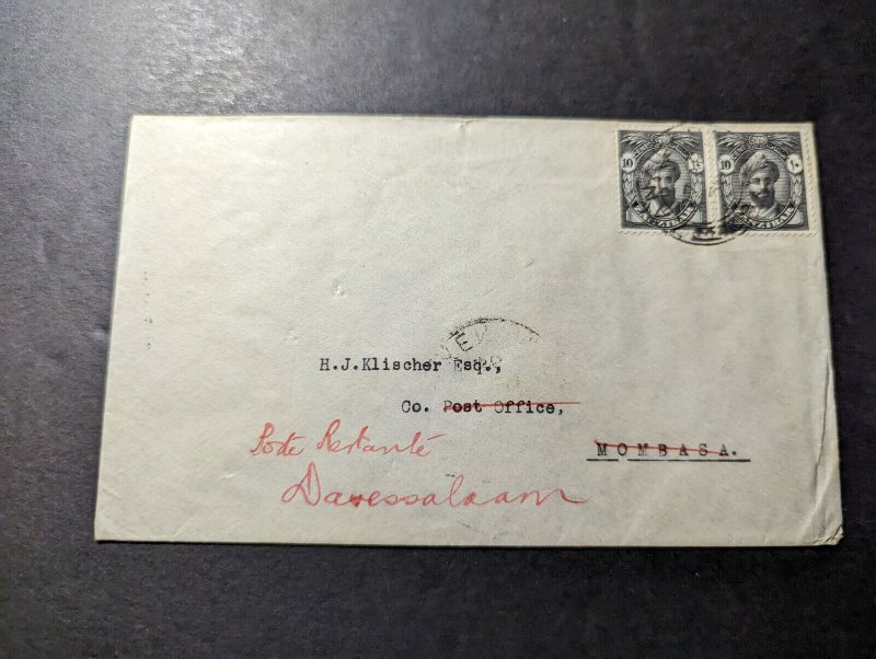 1936 Zanzibar Cover to Mombasa Kenya Readressed Dar Es Salaam British KUT