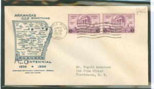 US 782 1936 3c Arkansas centennial (pair) on an addressed (typed) first day cover with an Arkansas commission cachet.