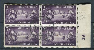 SOUTH AFRICA; 1952 early Van Riebeeck issue 2d. used MARGIN BLOCK, Variety