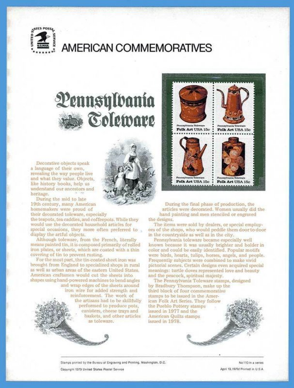 USPS COMMEMORATIVE PANEL #110 PENNSYLVANIA TOLEWARE #1775-78