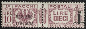 Italy RSI #Q11 Parcel Post 10 Lire Rose Lilac Fasces Overprint 1944 MVLH