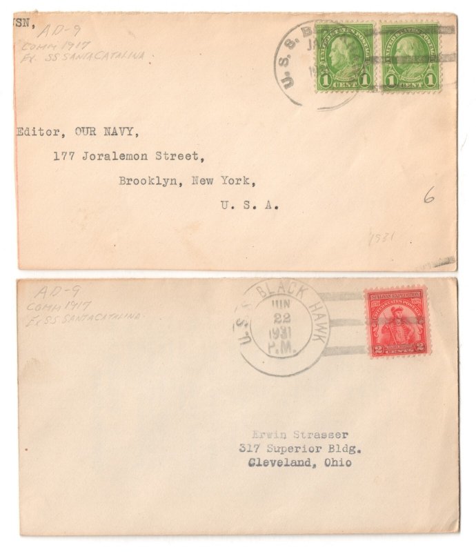 USS BLACK HAWK (AD-9) Destroyer Tender 1931 Naval Covers w/ Ship Cancels
